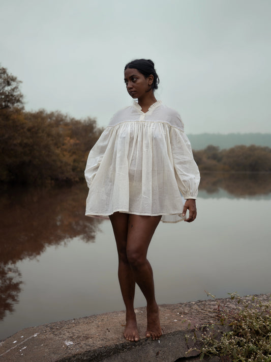 Maiden shirtdress with bishop sleeves and Edwardian Neck