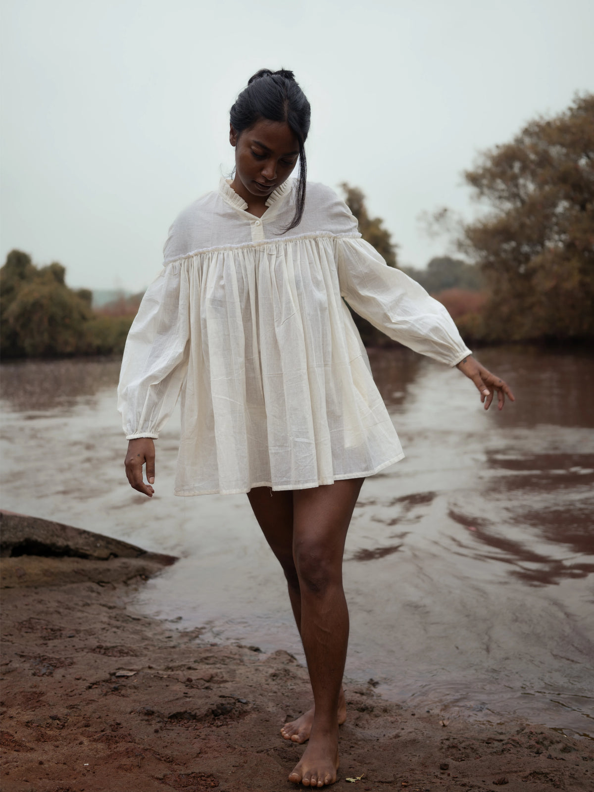 Maiden shirtdress with bishop sleeves and Edwardian Neck
