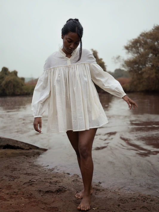 Maiden shirtdress with bishop sleeves and Edwardian Neck